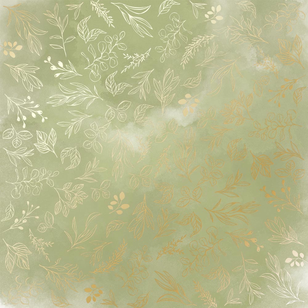 Sheet of single-sided paper with gold foil embossing, pattern Golden Branches, color Olive watercolor,