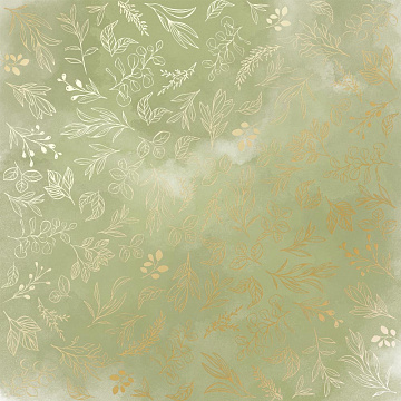 Arkusz papieru jednostronnego wytłaczanego złotą folią, wzór Golden Branches, color Olive watercolor, 30,5х30,5cm