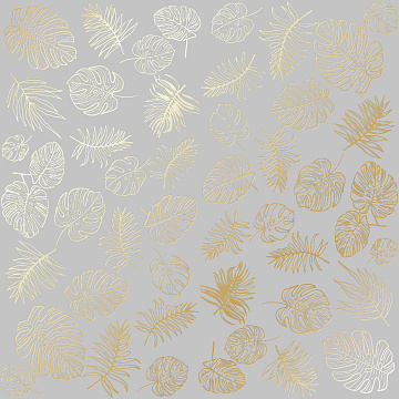 Sheet of single-sided paper with gold foil embossing, pattern Golden Tropical Leaves Gray, 12"x12"