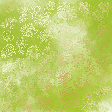 Sheet of single-sided paper with gold foil embossing, pattern Golden Tropical Leaves, color Light green watercolor, 12"x12"