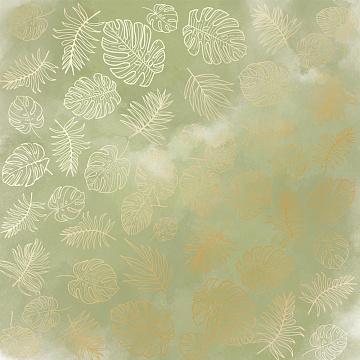Sheet of single-sided paper with gold foil embossing, pattern Golden Tropical Leaves, color Olive watercolor, 12"x12"