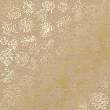 Sheet of single-sided paper with gold foil embossing, pattern Golden Tropical Leaves Kraft, 12"x12"