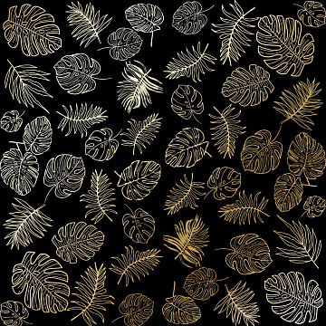 Sheet of single-sided paper with gold foil embossing, pattern Golden Tropical Leaves Black, 12"x12"