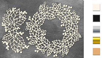Chipboard embellishments set, Wreath of oak leaves, mistletoe and berries  #642