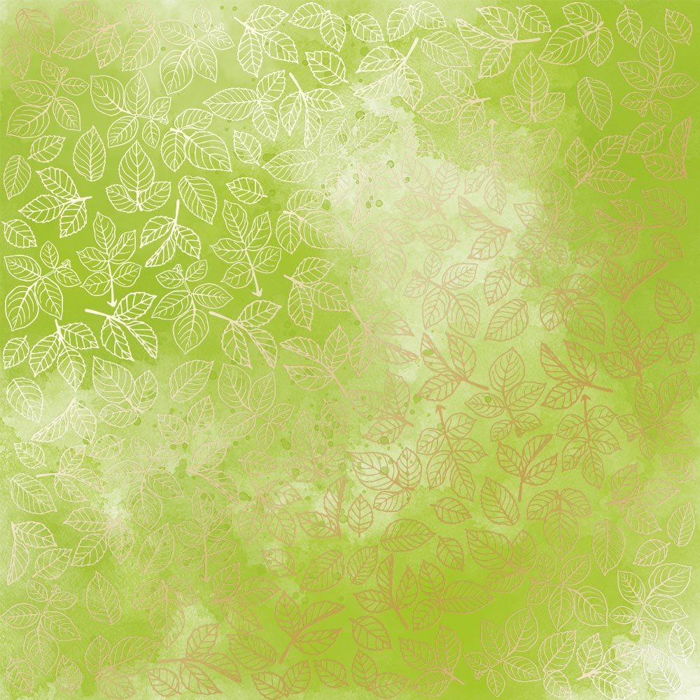 Blatt aus einseitigem Papier mit Goldfolienprägung, Muster „Goldene Rosenblätter“, Farbe Hellgrün Aquarell - Fabrika Decoru
