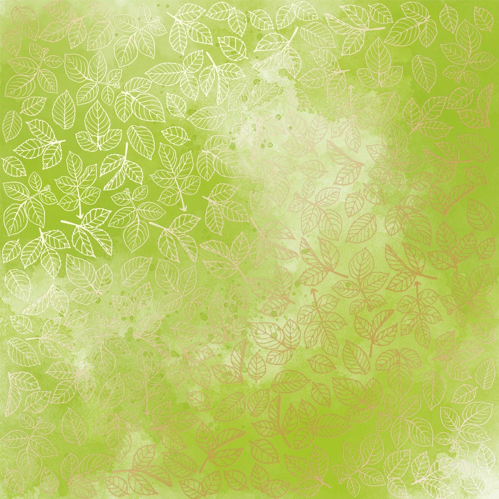 Sheet of single-sided paper with gold foil embossing, pattern "Golden Rose leaves, color Light green watercolor