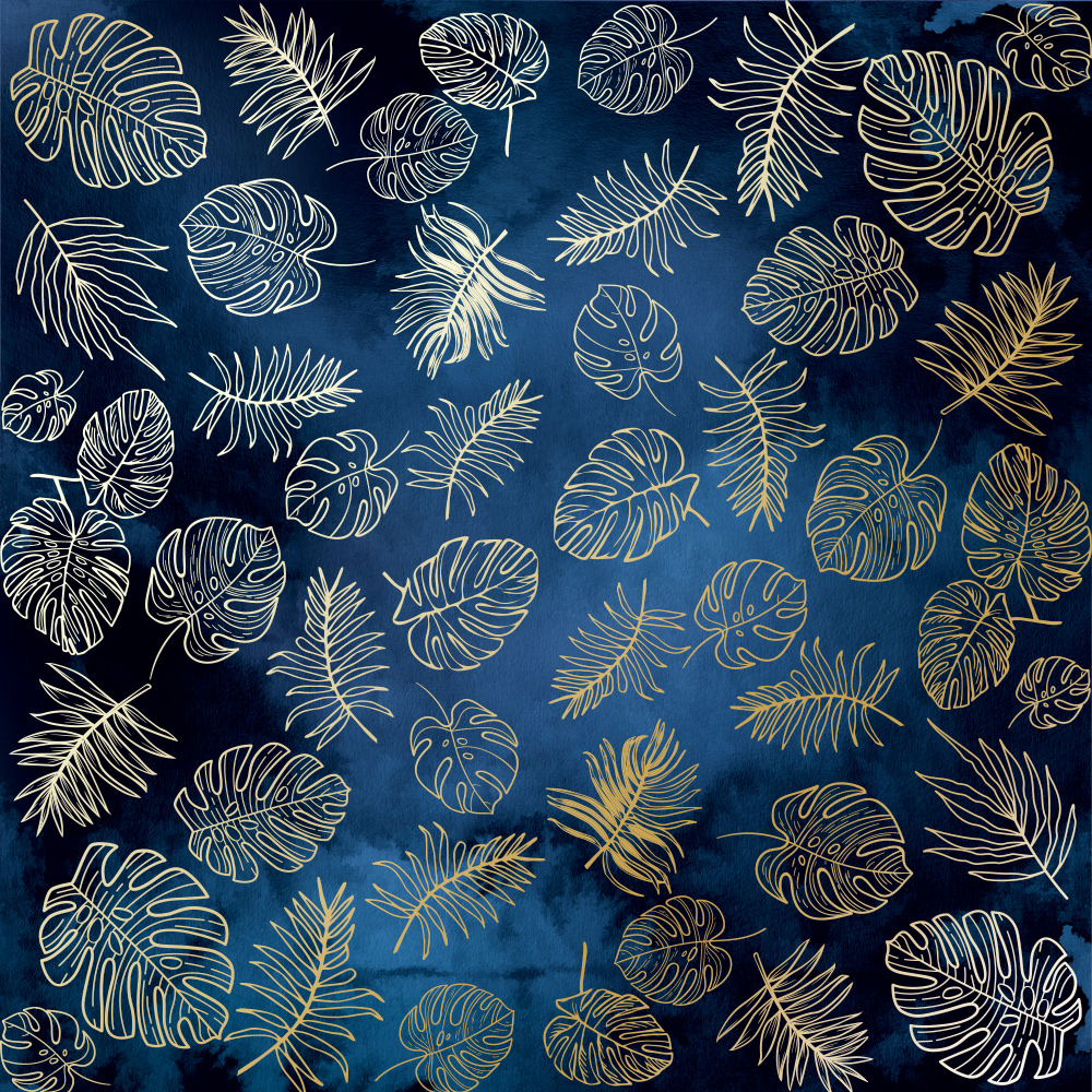 Blatt aus einseitigem Papier mit Goldfolienprägung, Muster Golden Tropical Leaves Night Garden, 30,5 x 30,5 cm - Fabrika Decoru