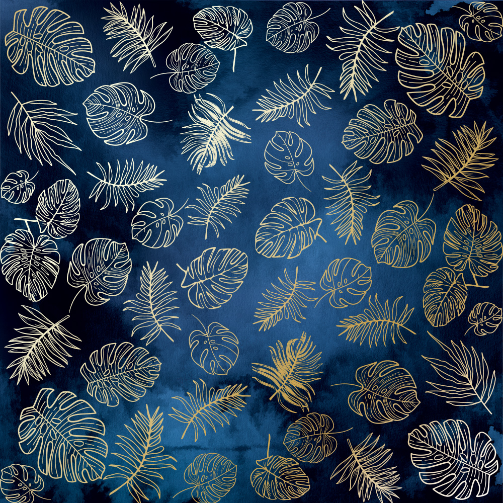 Sheet of single-sided paper with gold foil embossing, pattern Golden Tropical Leaves Night garden, 12"x12"