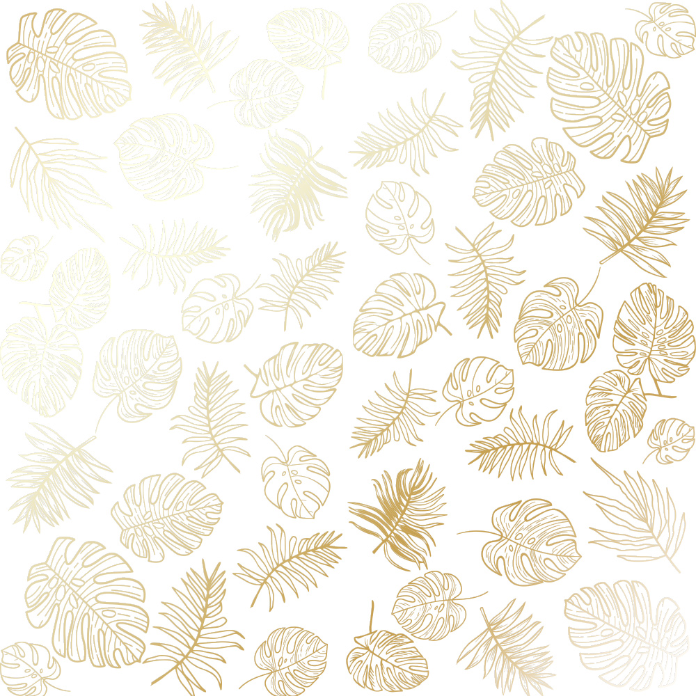 Blatt aus einseitigem Papier mit Goldfolienprägung, Muster Golden Tropical Leaves White, 12"x12" - Fabrika Decoru