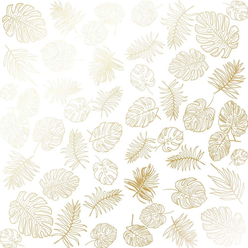 Sheet of single-sided paper with gold foil embossing, pattern Golden Tropical Leaves White, 12"x12"