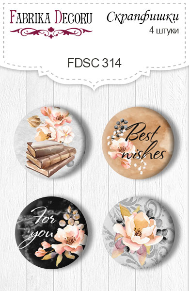 Set mit 4 Flair-Knöpfen zum Scrapbooking „Sentimental Story“ EN #314 - Fabrika Decoru