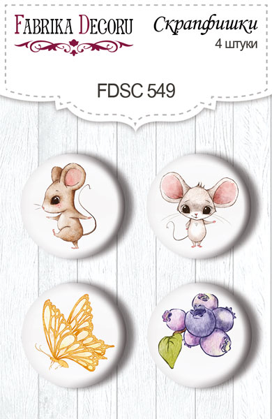 Set mit 4 Flair-Buttons zum Scrapbooking Happy Mouse Day #549 - Fabrika Decoru