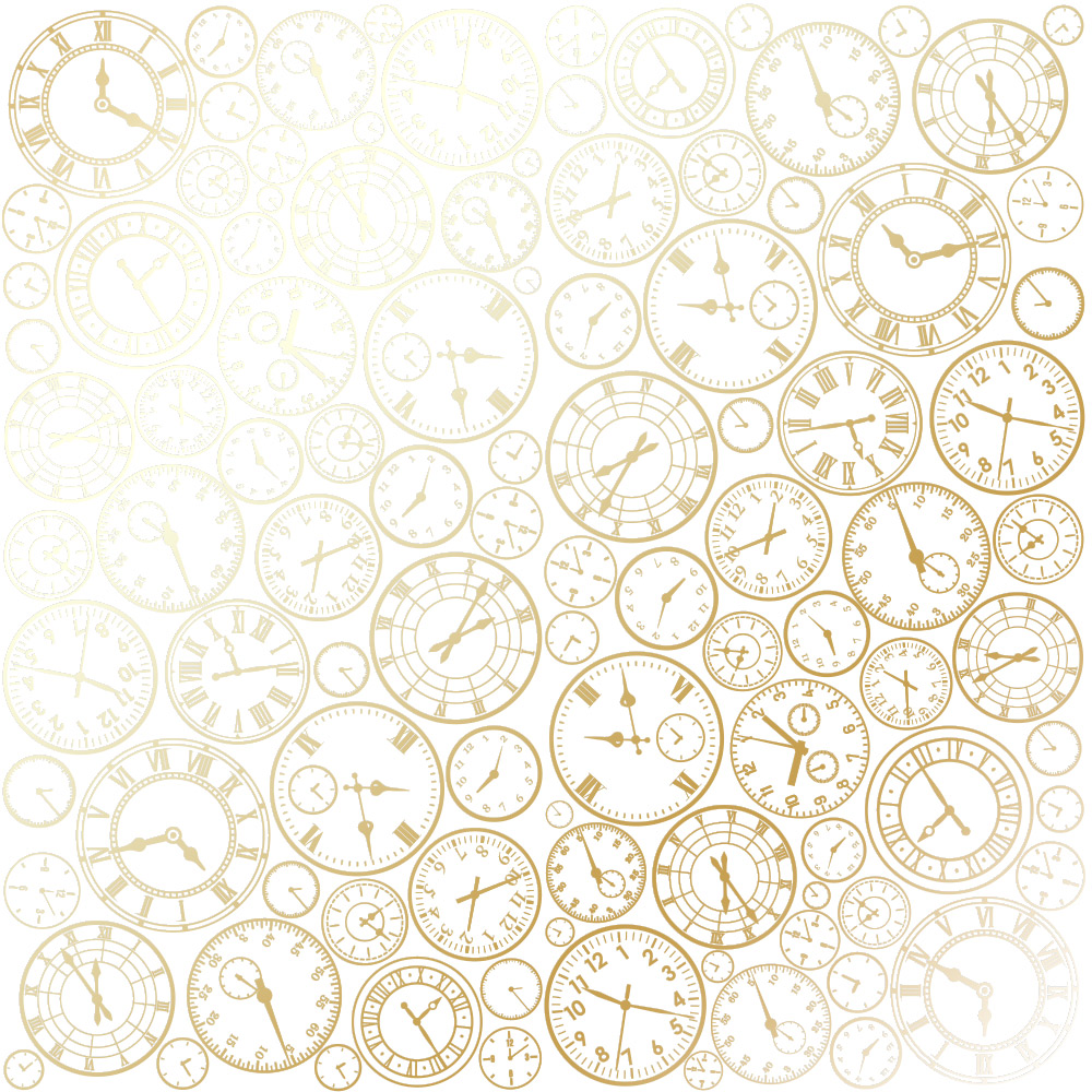 Sheet of single-sided paper with gold foil embossing, pattern "Golden Clocks White"