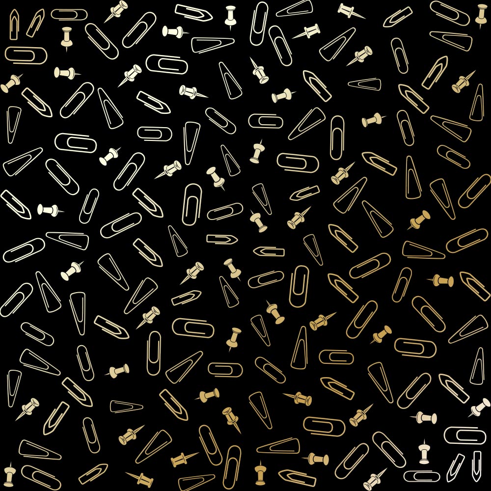 Blatt aus einseitigem Papier mit Goldfolienprägung, Muster Goldene Reißnägel und Büroklammern, Farbe Schwarz - Fabrika Decoru