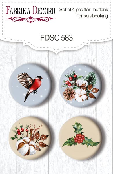 Set mit 4 Flair-Buttons zum Scrapbooking Bright Christmas #583 - Fabrika Decoru