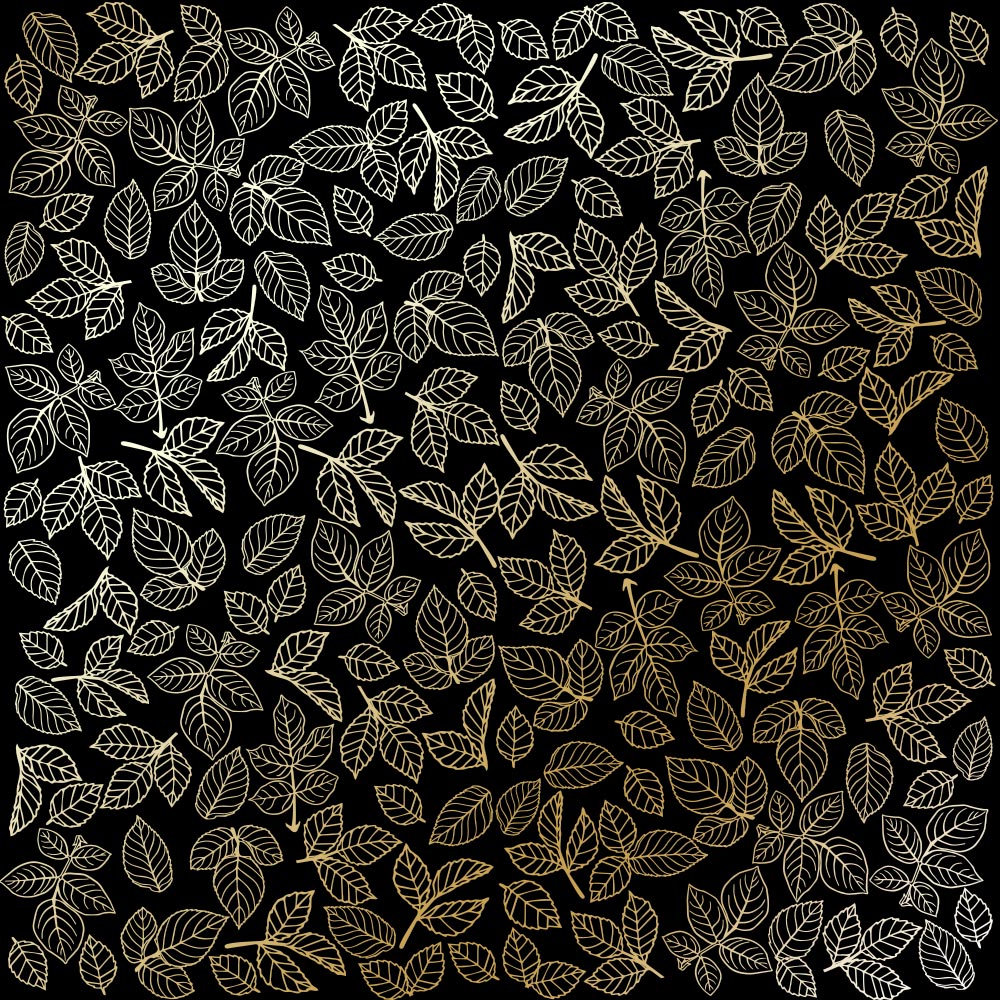 лист односторонней бумаги с фольгированием, дизайн golden rose leaves black, 30,5см х 30,5см