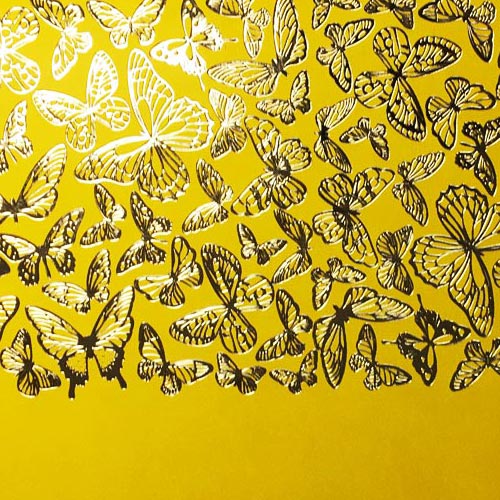 Piece of PU leather with gold stamping, pattern Golden Butterflies Yellow, 50cm x 25cm - foto 1