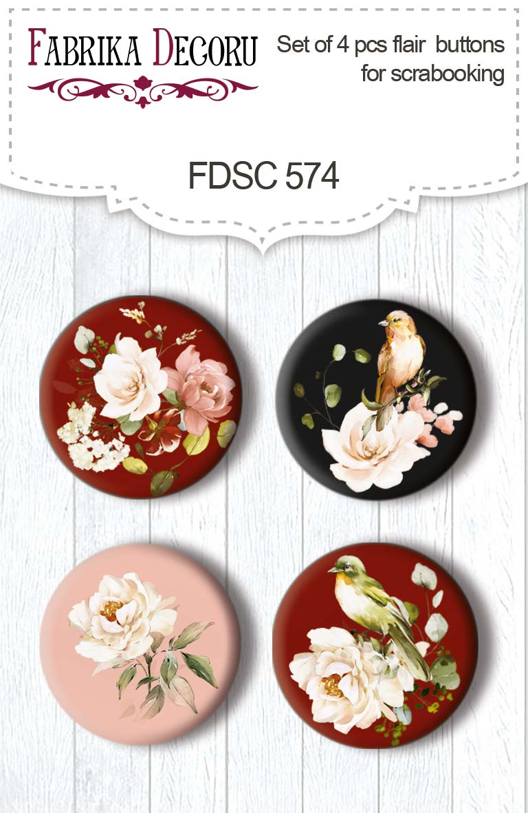 Zestaw 4 ozdobnych buttonów Miracle flowers #574 - Fabrika Decoru