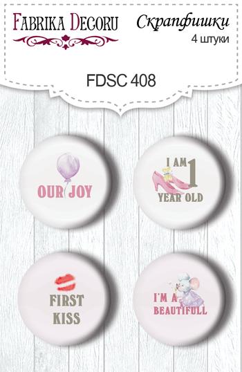 Set mit 4 Flair-Buttons zum Scrapbooking My little mousy girl RU #408 - Fabrika Decoru