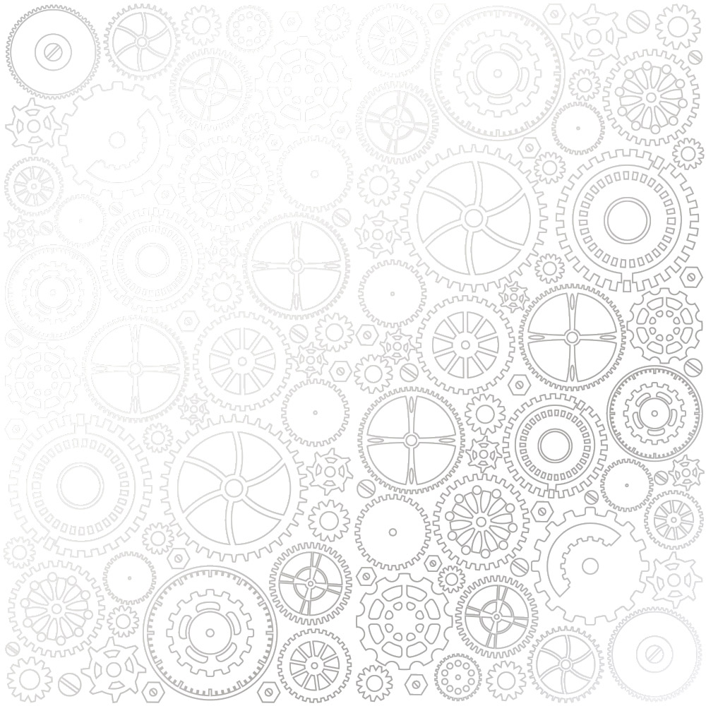 Sheet of single-sided paper embossed with silver foil, pattern Silver Gears White 12"x12" 
