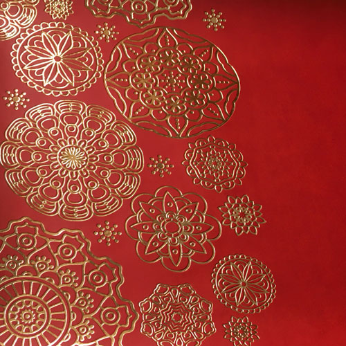 Skóra PU do oprawiania ze złotym tłoczeniem, wzór Złote serwetki czerwone, 50cm x 25cm  - foto 1  - Fabrika Decoru