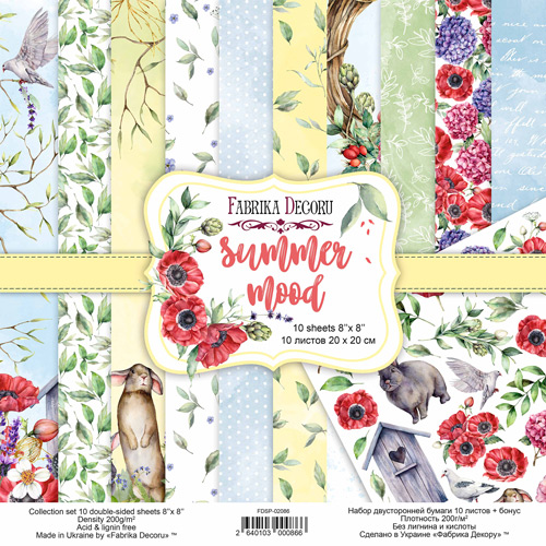 Doppelseitiges Scrapbooking-Papierset Summer Mood, 20 cm x 20 cm, 10 Blätter - Fabrika Decoru