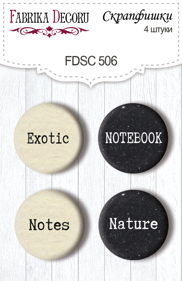 Set mit 4 Flair-Buttons für Scrapbooking Botanik exotisch EN #506 - Fabrika Decoru