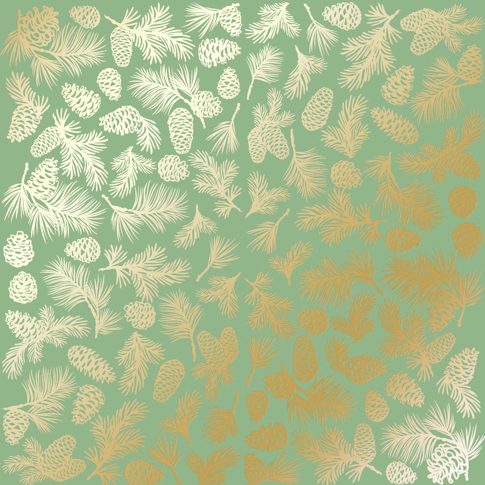 Sheet of single-sided paper with gold foil embossing, pattern "Golden Pine cones Avocado"