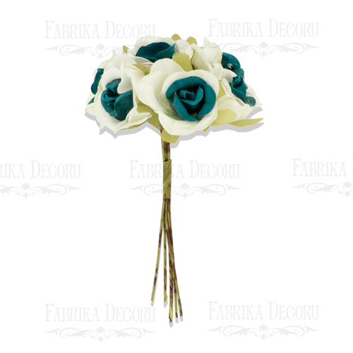 Bouquet of small rose flowers, color White and turquoise, 6pcs