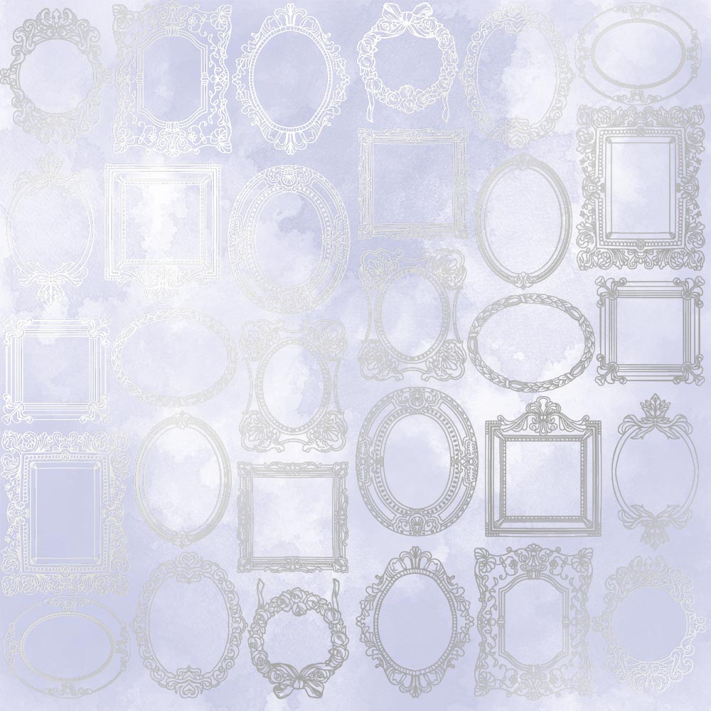 Einseitig bedrucktes Blatt Papier mit Silberfolie, Muster Silberrahmen, Farbe Flieder Aquarell 12"x12" - Fabrika Decoru