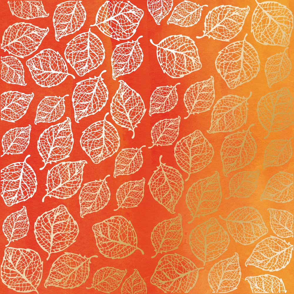Blatt einseitig bedrucktes Papier mit Goldfolienprägung, Muster Golden Delicate Leaves, Farbe Gelb-Orange Aquarell, 12"x12" - Fabrika Decoru