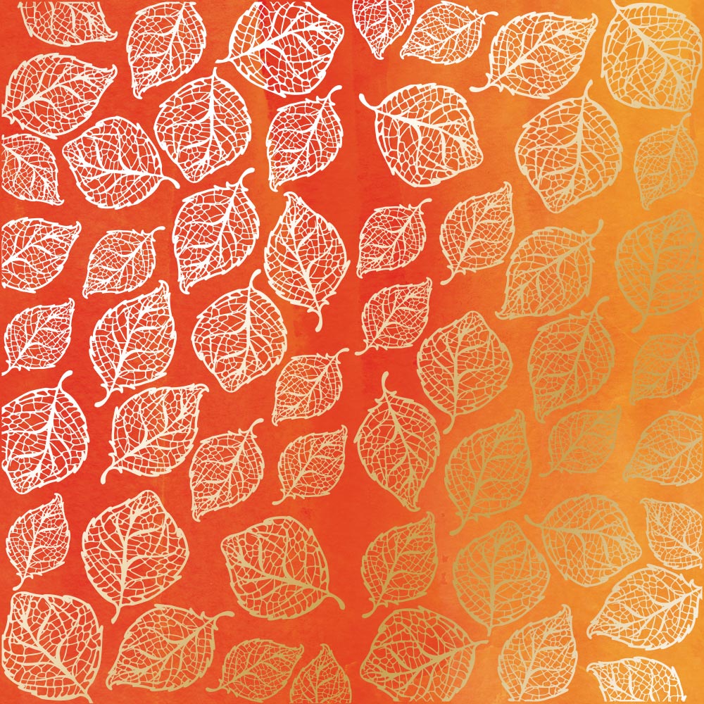 Sheet of single-sided paper with gold foil embossing, pattern Golden Delicate Leaves, color Yellow-orange aquarelle, 12"x12"