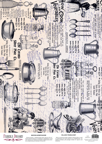 Arkusz kalki z nadrukiem, Deco Vellum, format A3 (11,7" х 16,5"), "Vintage Kitchen utensils" - Fabrika Decoru