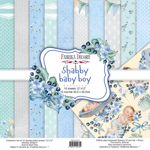Double-sided scrapbooking paper set Shabby baby boy redesign 12"x12", 10 sheets