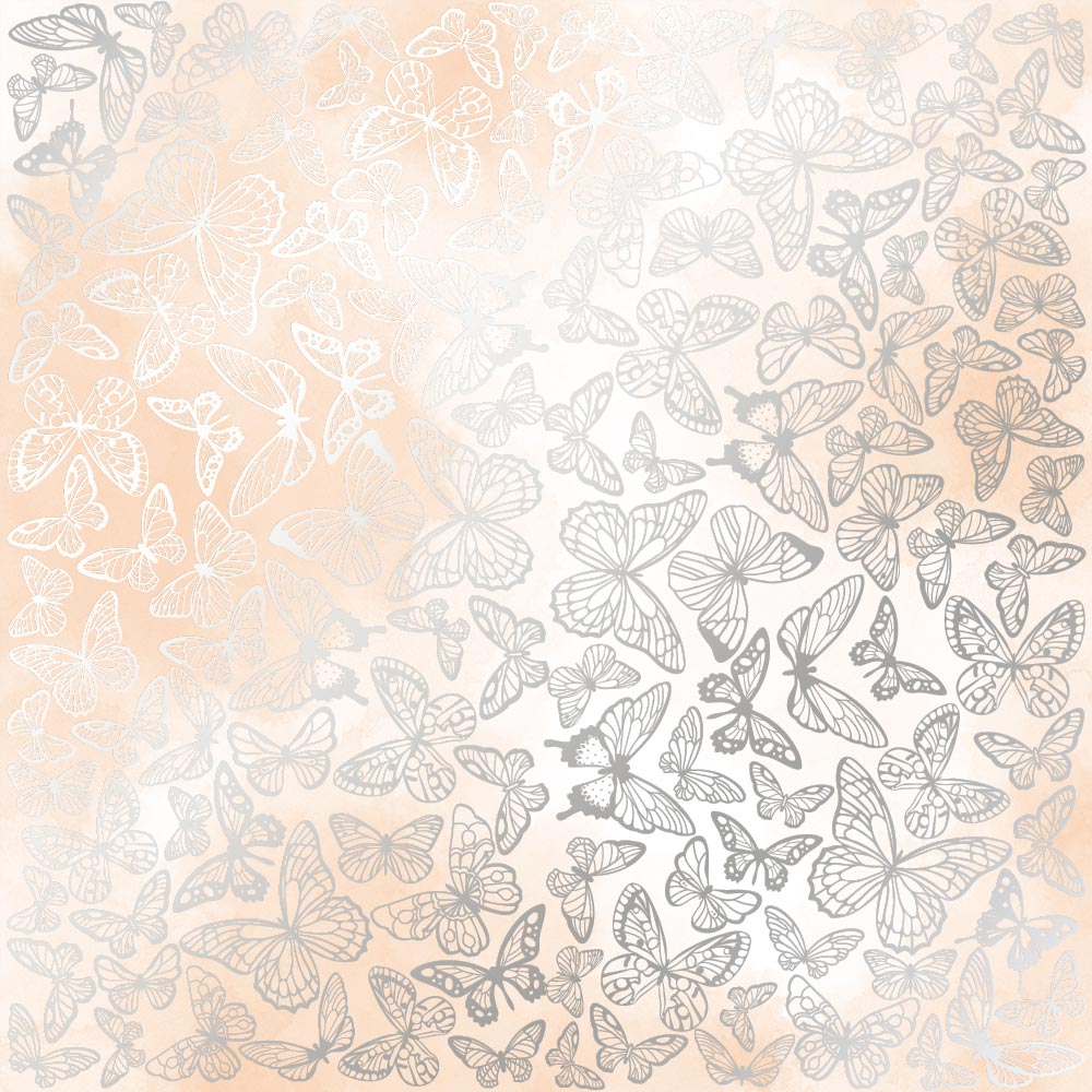лист односторонней бумаги с серебряным тиснением, дизайн silver butterflies, beige watercolor, 30,5см х 30,5см