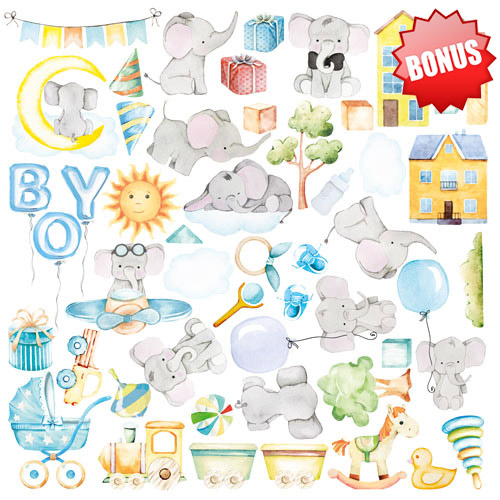 Doppelseitig Scrapbooking Papiere Satz My cute Baby Elephant Boy, 30.5 cm x 30.5 cm, 10 Blätter - foto 11  - Fabrika Decoru