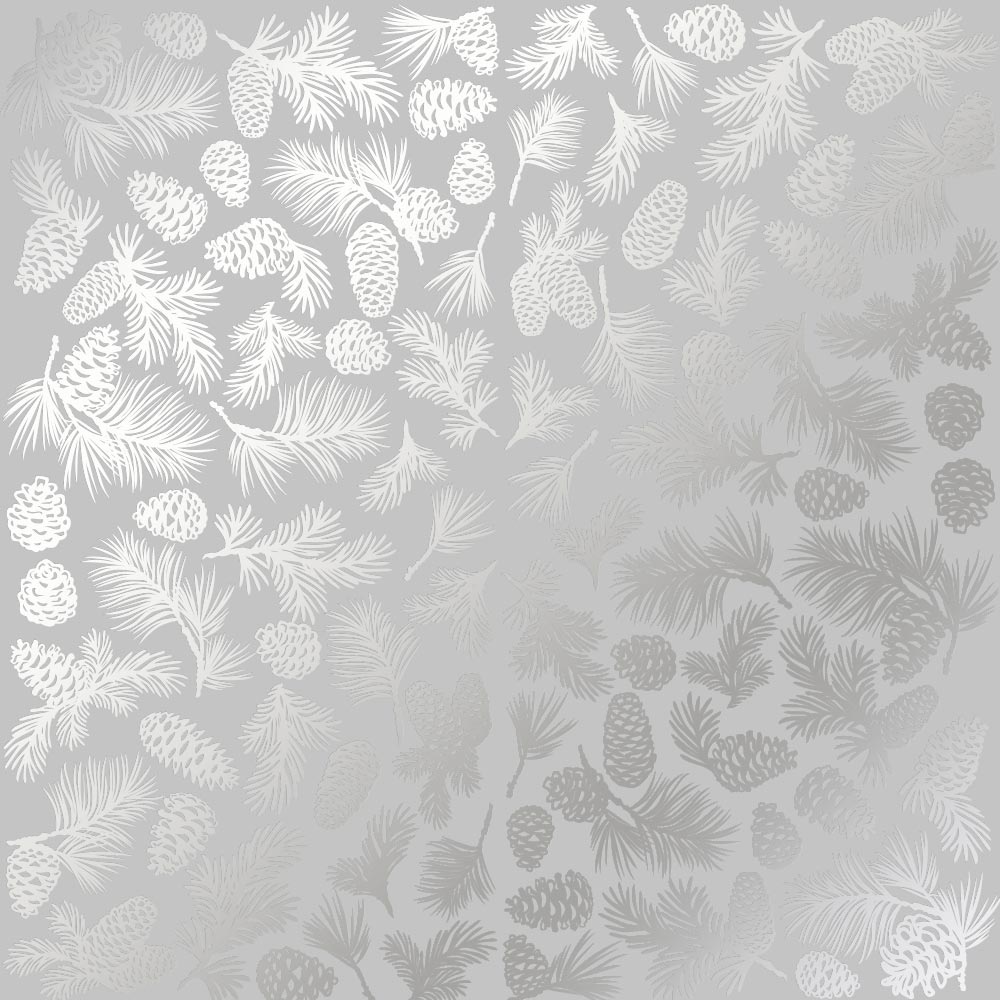 Einseitig bedrucktes Blatt Papier mit Silberfolie, Muster Silber Tannenzapfen Grau 12"x12" - Fabrika Decoru