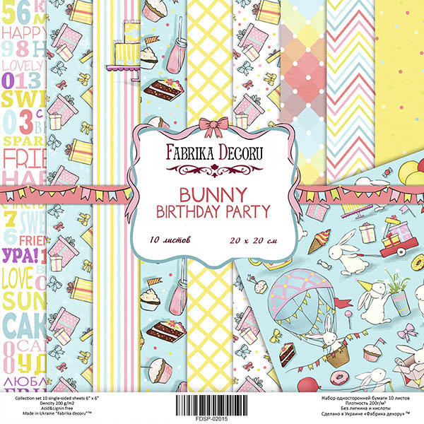 Doppelseitiges Scrapbooking-Papier-Set Häschen-Geburtstagsparty,  20 cm x 20 cm, 10 Blätter - Fabrika Decoru