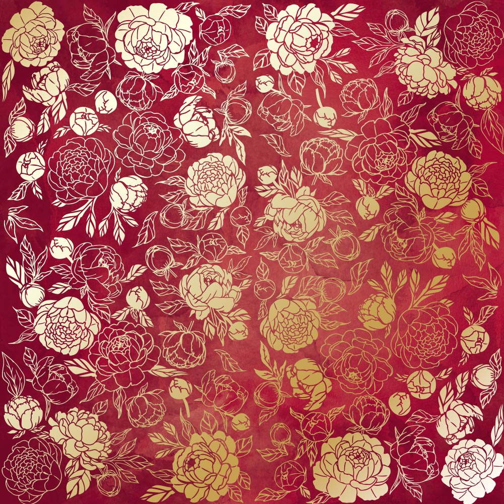 Sheet of single-sided paper with gold foil embossing, pattern "Golden Peony Passion Burgundy aquarelle"