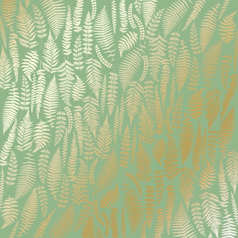 Einseitig bedruckter Papierbogen mit Goldfolienprägung, Muster Golden Farn, Farbe Avocado - Fabrika Decoru