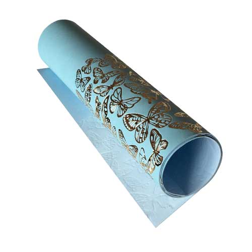 Stück PU-Leder mit Goldprägung, Muster Goldene Schmetterlinge Blau, 50cm x 25cm - Fabrika Decoru