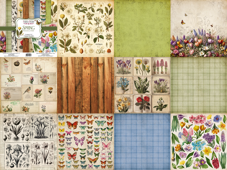 Double-sided scrapbooking paper set Spring botanical story, 8"x8", 10 sheets - foto 0