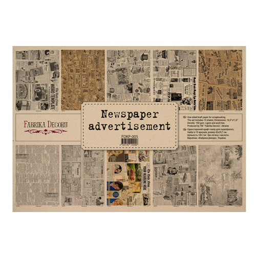 Zestaw jednostronnego kraftowego papieru do scrapbookingu Newspaper advertisement 42x29,7 cm, 10 arkuszy  - Fabrika Decoru