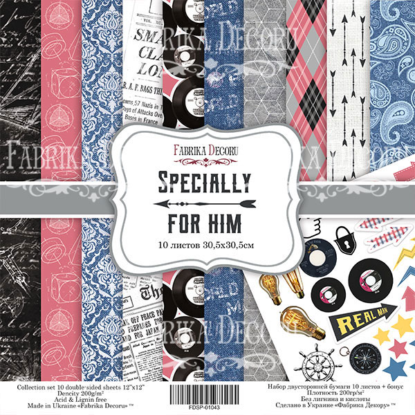 Doppelseitiges Scrapbooking-Papierset Speziell für Ihn 20 cm x 20 cm, 10 Blätter - Fabrika Decoru