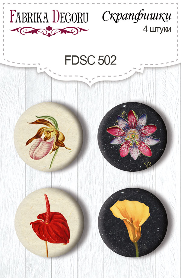 Set mit 4 Flair-Buttons für Scrapbooking Botanik exotisch #502 - Fabrika Decoru
