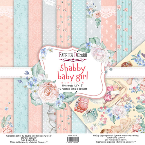 Double-sided scrapbooking paper set Shabby baby girl redesign 12"x12", 10 sheets