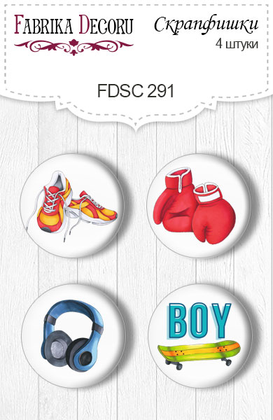 Set mit 4 Flair-Buttons zum Scrapbooking "Cool Teens 1" #291 - Fabrika Decoru