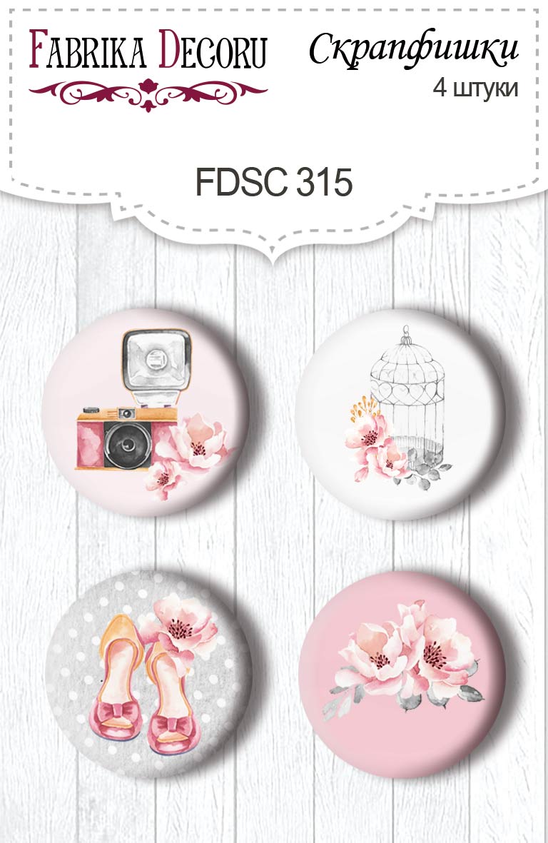 Set mit 4 Flair-Buttons zum Scrapbooking von „Say Yes“ #315 - Fabrika Decoru