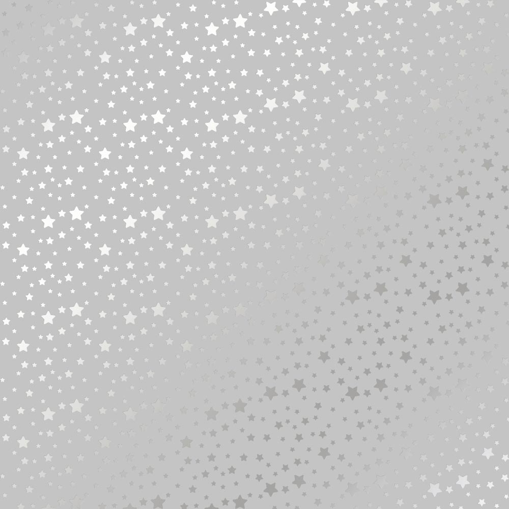 Sheet of single-sided paper embossed with silver foil, pattern Silver stars Gray 12"x12"