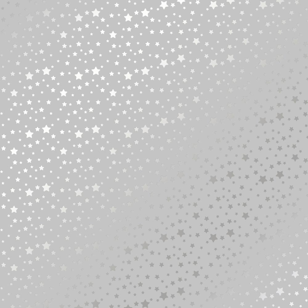 Einseitig bedrucktes Blatt Papier mit Silberfolie, Muster Silbersterne Grau 12"x12" - Fabrika Decoru